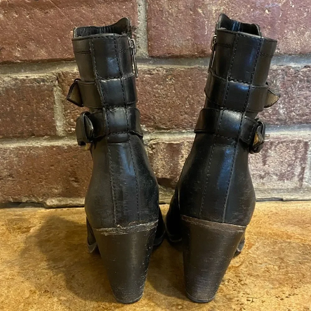 Frye Black leather Jenny Shield stack heeled‎ short boot Booties sz 8.5